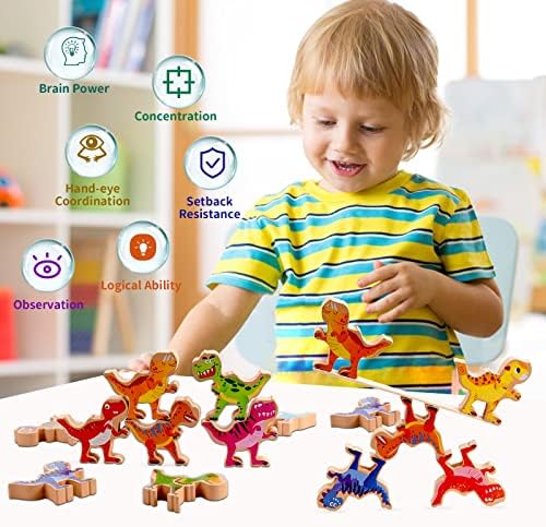 Dinosaur Stacking Building Toys for Boys, PIIOSER Wooden Dinosaur STEM Montessori Educational Learning Block Toys for Kids Cool Birthday Party Game Gifts for 4 5 6 7 8 Years Old Boys Girls