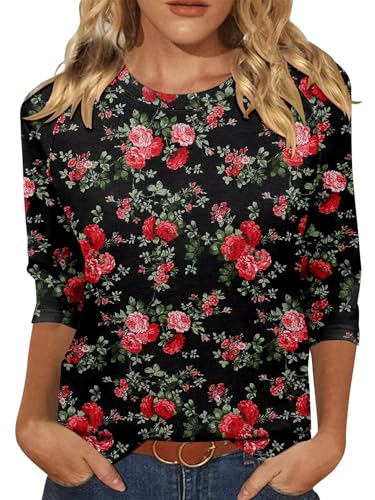 KISSMODA Tunic Tops for Women Loose Fit Dressy Round Neck Pleated 3/4 Length Sleeve Spring Tops