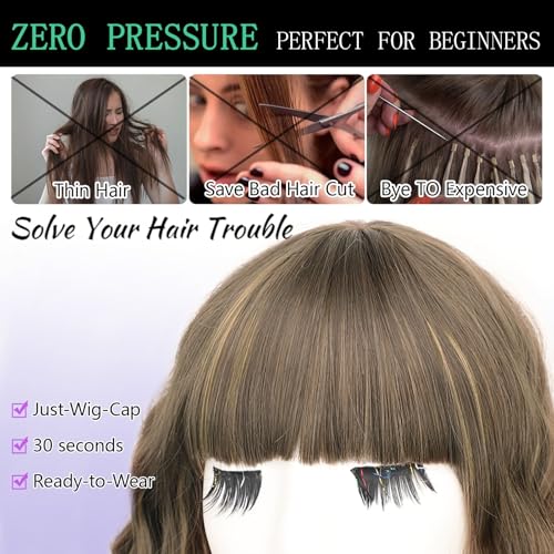 Image of AISI HAIR Synthetic Wavy Curly Bob Wig with Bangs Brown mix Caramel Blonde Short Hair for Women Synthetic Heat Resistant Bob Wigs