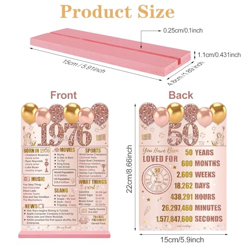 Image of Guiruiy Pink Rose Gold 50th Birthday Decorations for Women, Two-Sided Vintage 50 Back in 1976 Theme Poster Wooden Table Sign with Stand, Fifty Years Old Bday Centerpieces Holder for Table Decor