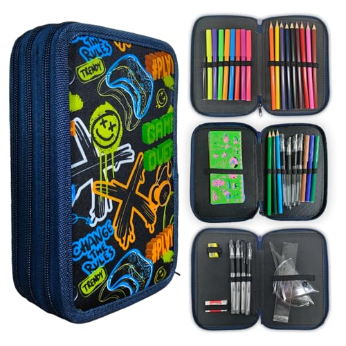 Glamifyr Federmappe Jungen Mäppchen Jungs Federtasche 3 Fächer Federmäppchen Jungen Federmappe Federmäppchen Groß XXL Bonus Buntstiften Bleistiften Wasserfarben Stiften Lineal Radiergummi usw