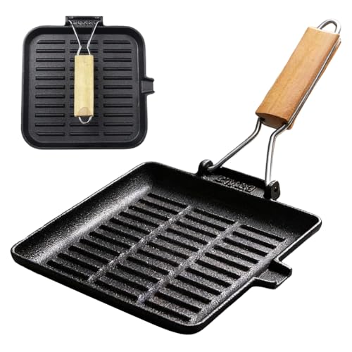 Ruioomeep Poêle à steak en fonte avec poignée pliable en bois - Poêle à griller en fonte préépicée - Poêle carrée en émail - Facile à nettoyer - Pour tous les types de plaques de cuisson (20 × 20 cm)