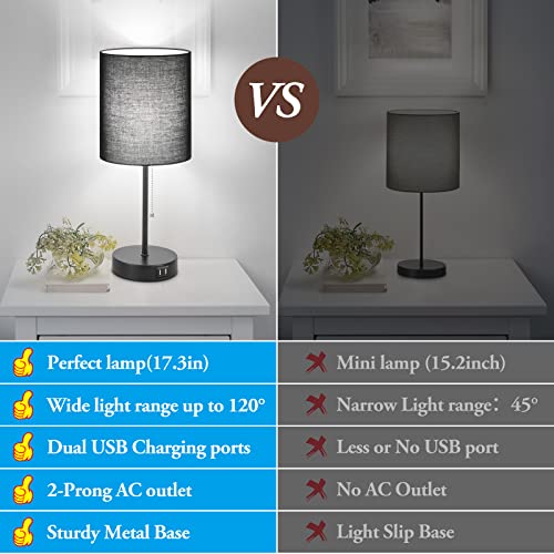 Table Lamps Set Of 2 With Usb Charging Ports, Black Bedside Lamps With Ac Outlet, Nightstand Lamps With Pull Chain Switch, Minimalist Modern Desk Lamps With Fabric Shade For Living Room Bedroom Office #TOP2