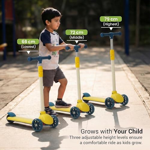 Image of Baybee Rydon Kids Scooter with 3 Height Adjustments | Portable Kick Scooter with PU LED Lights & Rear Brake | 3 Wheel Skating Scooter | Runner Scooter for Kids 2 to 10 Years Boys Girls (Yellow)