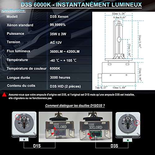 XELORD HID D1S D2S D3S Xenon Headlight Bulb,Car Low Beam High Beam,Pack of 2 (D3S 6000K) - Image 4
