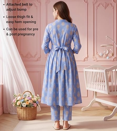 Image of DUMMY SHAPE Maternity Dresses for Women Cotton Rayon | Floral Kurta Pant Dupatta Set with Nursing Zippers to Pre & Post Partum | Feeding Kurtis | Mom to Be Gifts for Pregnant Woman