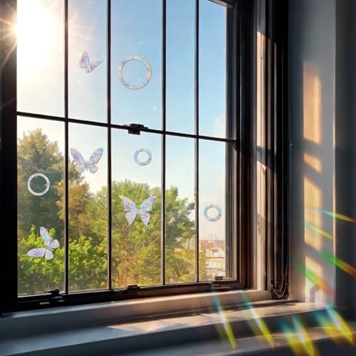 Image of Cat-Butterfly-Ring Prism Window Collision Clings for Bird Strikes, 40Pieces | Static Glass Reminder Sticker Decals, Window Anti-Collision, Rainbow Maker, Save Birds from Hitting Windows, Non Adhesive