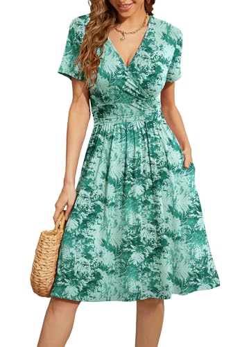 Image of WEACZZY Women's Summer Short Sleeve Casual Dresses V-Neck Floral Party Dress with Pockets