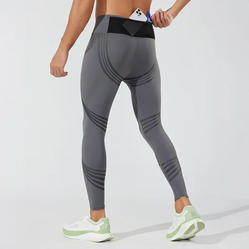 DYRBF - Leggings a compressione da uomo a vita alta con tasche, per corsa, basket, palestra, allenamento, nero, blu, blu navy, grigio