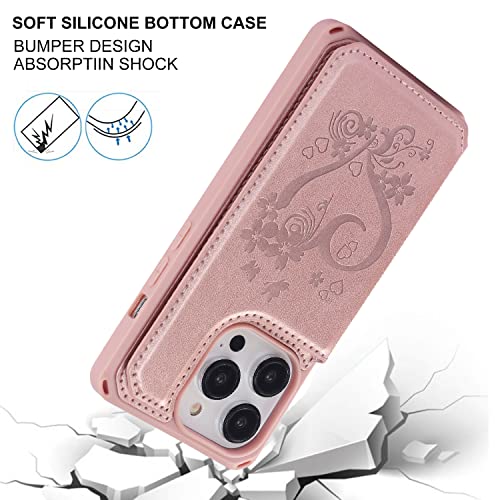 Image of Cavor for iPhone 14 Pro Case with Card Holder,for iPhone 14 Pro Wallet Case for Women Men,Phone Case for iPhone 14 pro with Stand Credit Card Holder, Leather Strap Shockproof Cover- Rose Gold