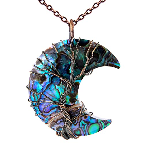 Bivei Life Tree Crescent Moon Necklaces for Women, Copper Wire Wrap Gemstones Pendant Crystals and Natural Stones Necklace Witch Jewellery