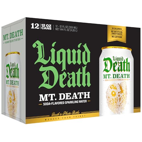 Image of Liquid Death Soda-Flavored Sparkling Water - Mt. Death, Less Sugar*, Huge Flavor, No Caffeine, No Artificial Sweeteners, 12 Fl Oz (Pack of 12)