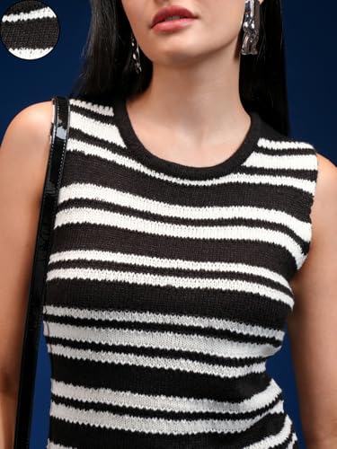 Image of Tokyo Talkies Women Tofu & Jet Black Sleveless Striped Sheath Sweater Dress