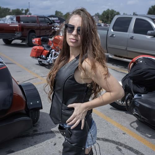 Milwaukee Leather MLL4560 Women's Black Premium Leather Classic Braided Side Lace Deep V-Neck Motorcycle Rider Vest4