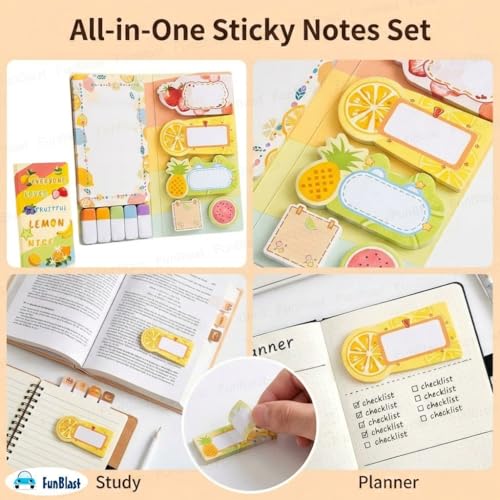 Image of FunBlast Fruit Theme Sticky Notes - 11 Sheets /440 Sticky Notes, Sticky Pad for Study, Point It Marker Stationery Items, Self-Adhesive Memo Pad, Planners and Memo Sticker (Fruits)