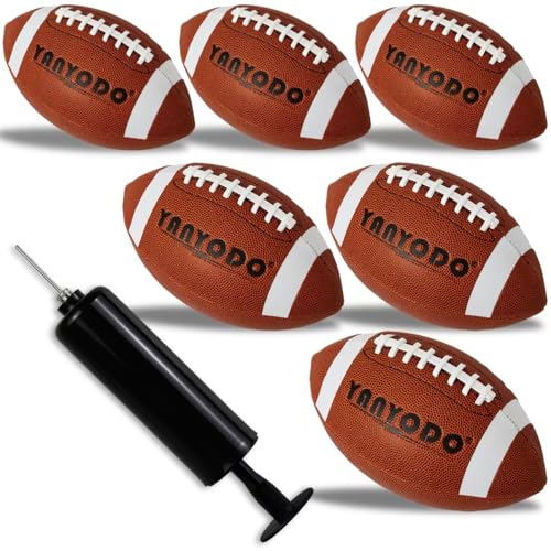 YANYODO 6 Pack Football Size 9 Official Sized Ball with Textured Grip for Youth High School&College Practice Match and Scrimmage Play Indoors & Outdoors All Weather Use with Pump(Brown)