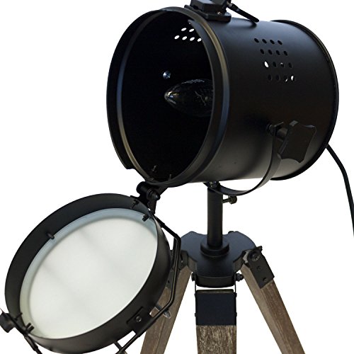 Holz Stativlampe mit Metallscheinwerfer E14 H64cm Schwarz/Natur - Stehlampe Dreibeinlampe Dreibein Tripod Tripodlampe… – Bild 4