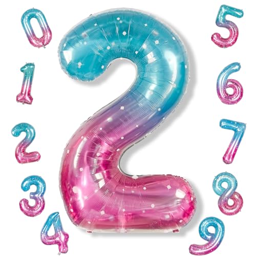 Image of Mermaid 2 Balloons, 40 Inch Giant Rainbow Starry Helium Mylar Foil Number 0-9, Purple Teal 2nd Birthday Balloon for Girls, Blue Pink Morados Numero Two Balloons for Women Anniversary Party Decorations