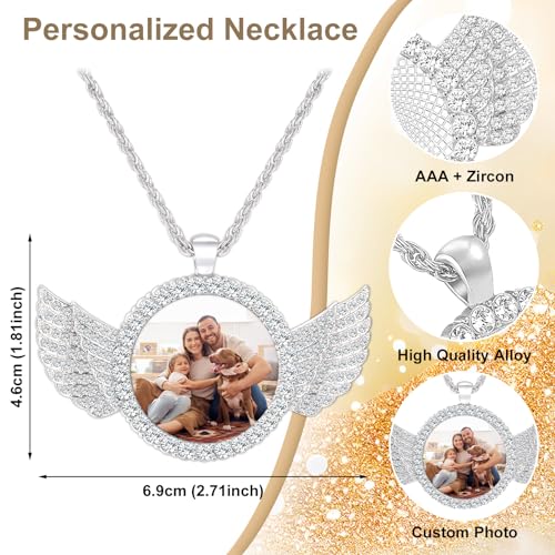 Premium Custom Necklaces with Pictures - Photo Necklace Picture Pendant Personalized Custom Memory Necklaces Angel Wings Round Chain Gifts for Men Women2