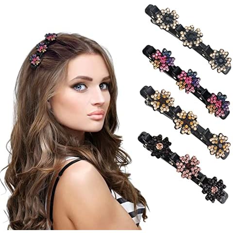 4 Pcs Sparkling Crystal Stone Braided Hair Clips, 2023 New Braided Hair Clips, Satin Fabric Hair Bands Crystal Rhinestone Hair Clips For Women Styling (4 Pcs Flower B) Cover