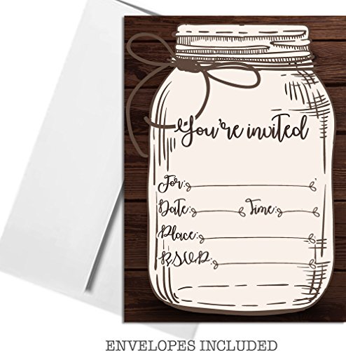 Product Hut 25 Rustic Country Mason Jar 'You're Invited' 5x7 Printed Party Invitations with Envelopes