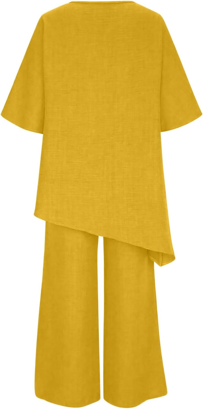 Womens Lounge Sets Summer Short Sleeve Asymmetrical Hem Tops Boho Flowy Palazzo Pants Casual Outfits for Beach Travel