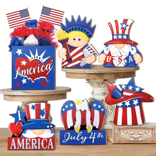 Uruney 4th of July Tiered Tray Decor, Uncle Sam Patriotic Tray Decorations, Lady Liberty American Flag Independence Day Wooden Signs, Farmhouse Rustic Memorial Day Decor for Home Table Shelf
