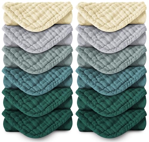Image of MOON PARK Baby Washcloths, 12 Pack - 12x12 Inches, Small Burp Cloths and Baby Wipes - 100% Cotton Muslin Ultra Soft for Newborn, Infant and Toddlers - Ivory, Slate and Emerald Series