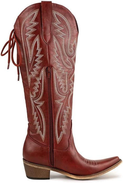 Atuelang Western Cowboy Boots for Women Knee High Wide Calf Lace Up Embroidered Cowgirl Boots - Image 5