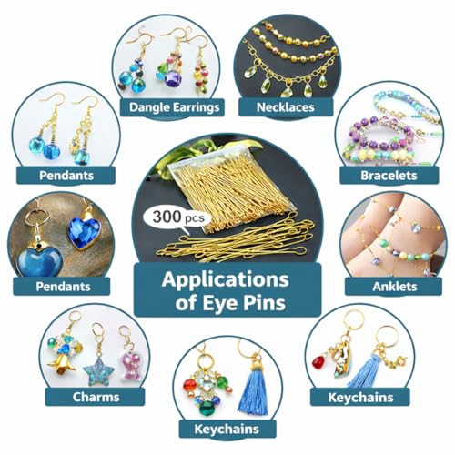 Image of Tia Crafts Eye Pins for Jewellery Making, Earrings & DIY Crafts | Golden Metal Eye Pins with Loop for Beads & Charms | Pack of 300 (Golden)