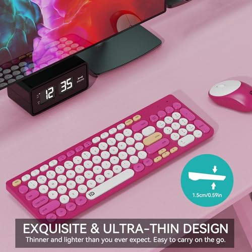 Image of FD Wireless Keyboards and Mouse Combo - 2.4GHz USB Cordless, Cute Wireless Keyboard Round Keys, Quiet and Slim Set for Laptop, Computer, TV and Mac - Strawberry White Colorful