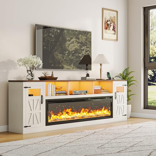 Image of Fireplace TV Stand for 100 Inch TV, 95 inch Farmhouse Entertainment Center with 60 inch Electric Fireplace & LED Lights, Large Media Console for Living Room, Rustic Barn Doors, Power Outlets, Antique White
