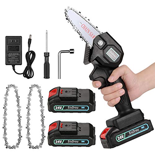 Mini Chainsaw 4-Inch Cordless, Portable Handheld Electric Saw with with 2Pcs Rechargeable Batteries and 2Pcs Chain, Adjustable Pruning Shears Chainsaw for Tree Branch Wood Cutting Tree Pruning