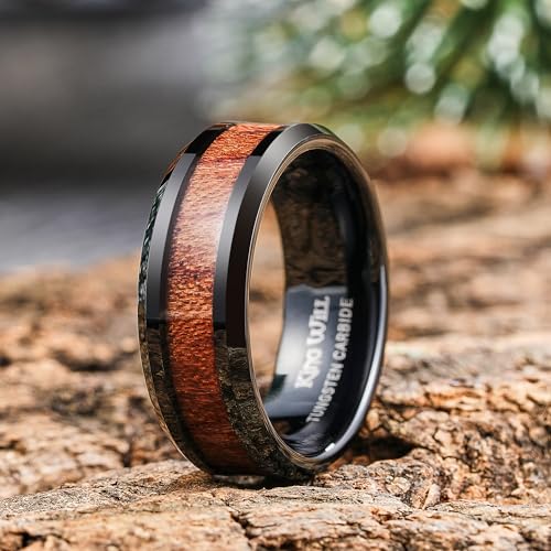 Image of King Will Nature Koa Wood Inlay Tungsten Carbide Wedding Ring 8mm Silver /Black /Gold /Green /Rose Gold /Blue Wedding Band for Men High Polished Anniversary Rings Comfort Fit Size 6-15