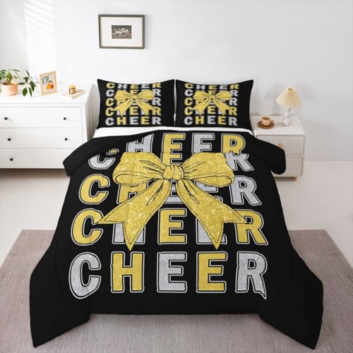 Image of Feelyou Cheer Bow Bedding Set Soft for Boys Girls, Glitter Cheerleader Comforter Set Twin Size Cheerleading Duvet Quilt Microfiber Sport Bedroom Decor 2 Pcs with 1 Pillow Cases