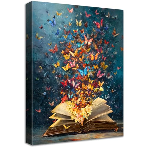 HALFLEMART Stampa su tela Con Cornice Libro Colorato con Farfalle Fiori Pittura Biblioteca Vintage Quadri su tela Quadri Moderni Bagno Sala Lettura Stampa da Parete Soggiorno Camera da Letto 30x40cm