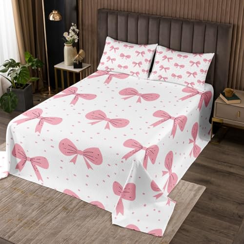 jejeloiu Pink Bow Bedspread Cute Bowknot Bedspread for Kids Boys Girls Dreamy Princess Coverlet Set Ribbon Bow Quilted Room 2Pcs Twin Size