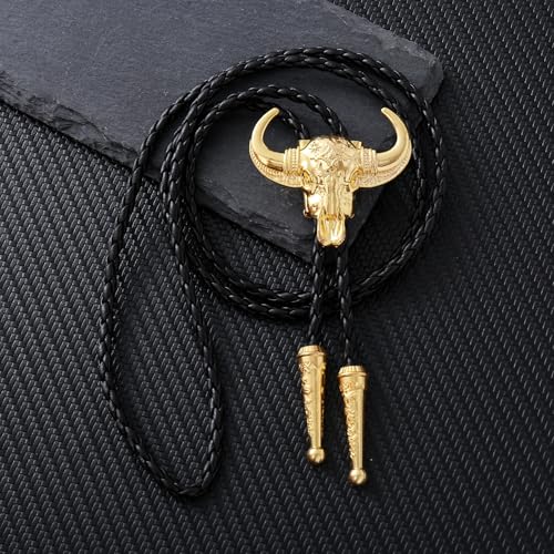Image of GelConnie Longhorn Bull Bolo Tie for Men Native American Western Cowboy Leather Necktie Bolo Necklace for Women Gold Texas