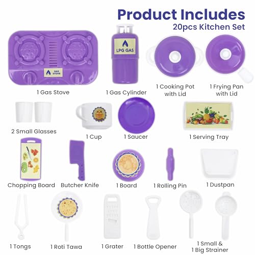 Image of Aditi Toys Kitchen Fresh Cook Set Bag for Kids, Pretend Play Cooking Toy with Mini Utensils & Gas Stove, Cylinder, Frying pan, Serving Tray, Kitchen Role Play Toy Set for Kids Age 3+ (Purple)
