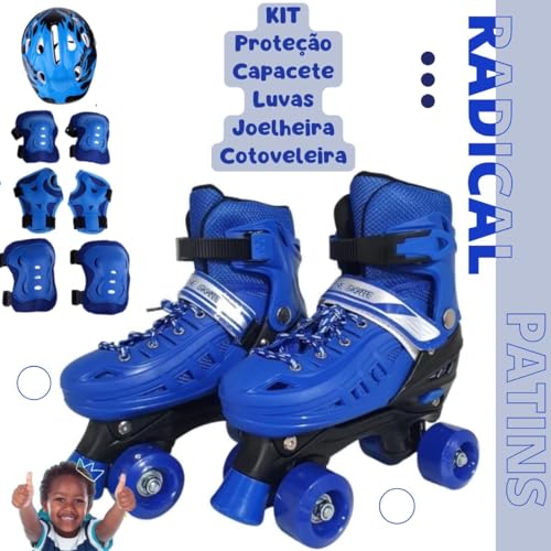 Patins de 4 Rodas Ajustáveis com Kit de Proteção Completo (Azul-Preto, G - 36 a 39)