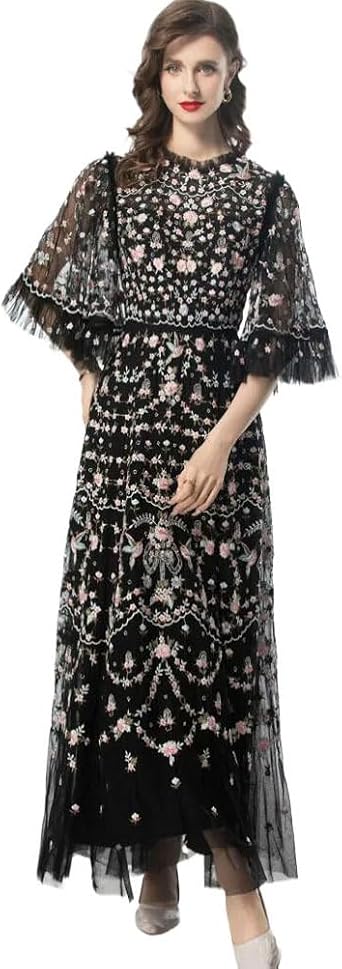 Embroidery Evening Dresses Women Summer Ruffles Lace Dress Flower Long Party Black1 L