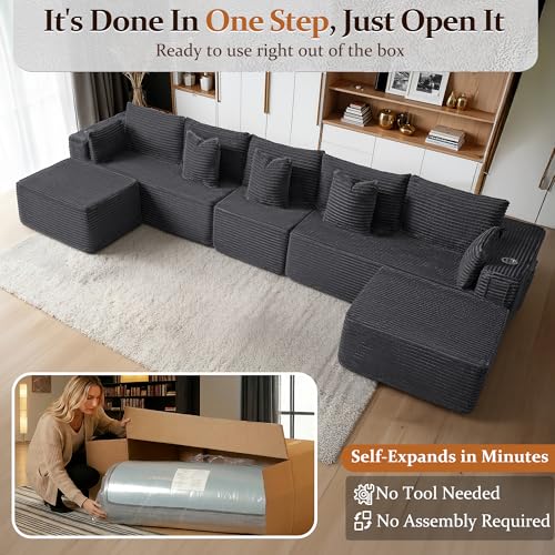Image of 168 inch Cloud Sectional Couch, Comfort U Shaped Sofa for Living Room, Extra Deep Seats No Assembly, Minimalist Modular Couch, Corduroy (Dark Grey, 7 Seats,U-Shape A)