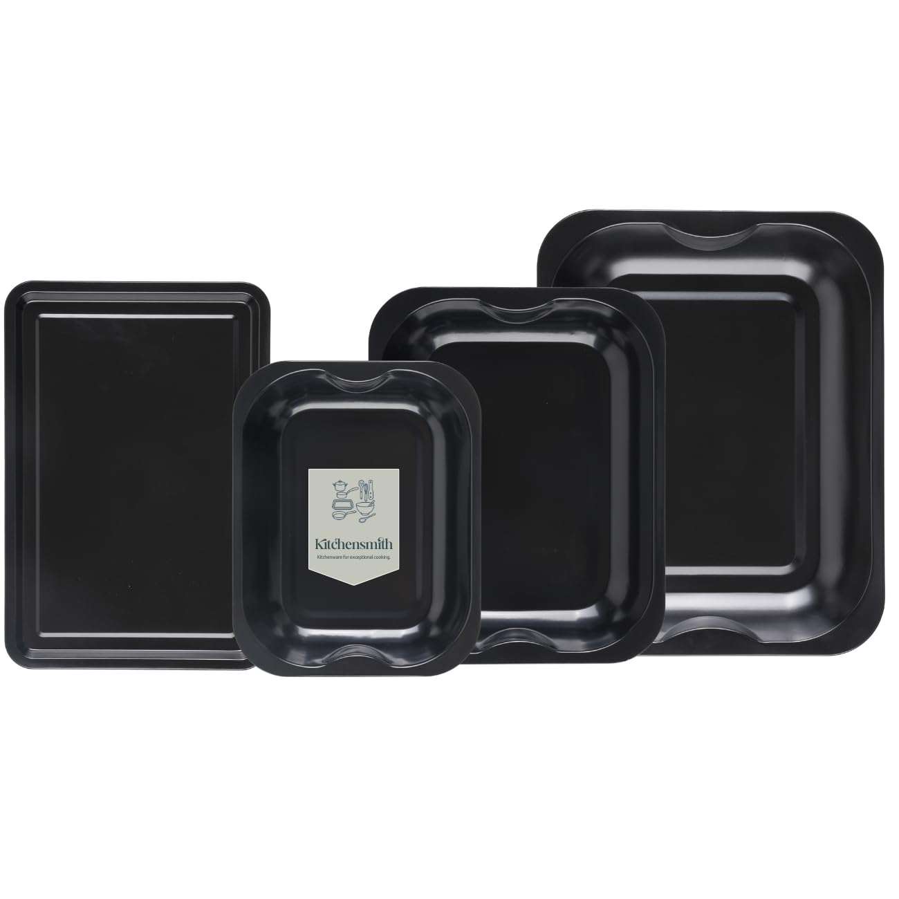 4-Pack Black Roasting and Baking Tray Set - Large Roaster (38cm), Medium Roaster (33cm), Small Roaster (28cm) & Small Tray (32cm) - Baking Tray Set Tray/Pan, Non-Stick, Multi-Pack - Dishwasher Safe