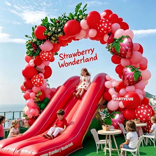 Image of Strawberry Balloon Arch Kit Double Stuffed, Pastel Red Baby Pink Coral Balloon Garland with 18in Strawberry Foil for Berry First Birthday Baby Shower Sweet Mothers Day Wedding Party