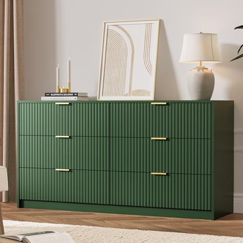 Image of MAISONARIA Green 6 Drawer Dresser for Bedroom, 55 inch Wide Modern Chest of Drawers with Gold Metal Handles, Fluted Wood TV Stand for Living Room, Hallway