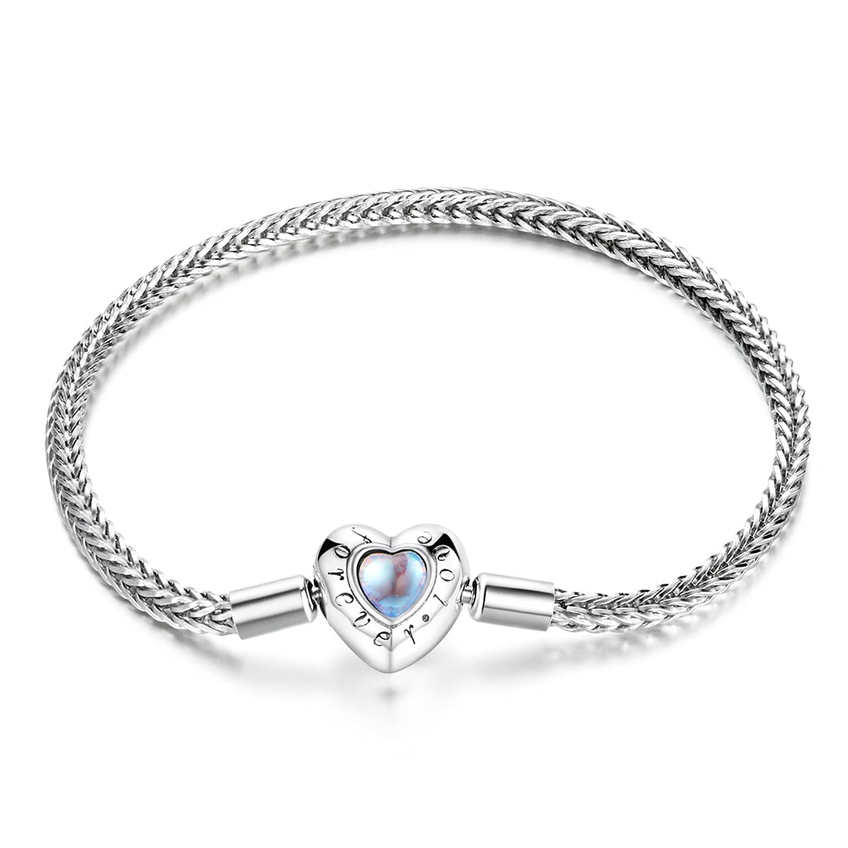 YCTTKDD Pulsera con dijes de Cuentas de corazón, Pulsera de Cadena de Serpiente de Plata de Ley 925, Pulsera con Base para Mujer, joyería de Piedra Lunar de 17CM y 19CM