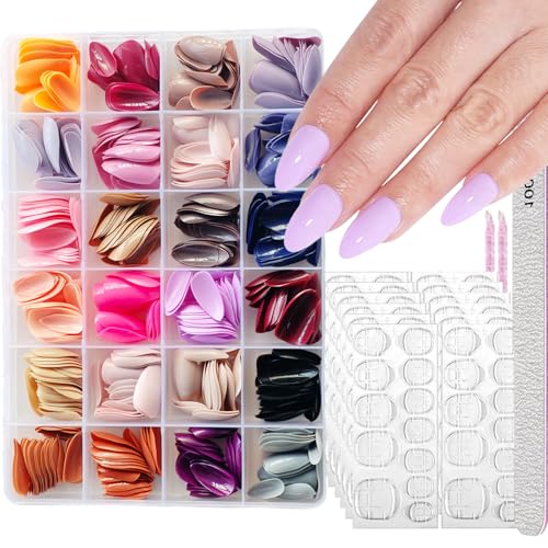 Image of 576Pcs Almond Press on Nails Medium Fake Nails 24 Solid Colors Full Cover Glossy Acrylic Artificial False Nail Tips for Women Nail Art Manicure 24 Color