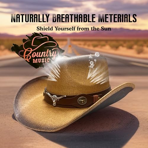 Image of Cowboy Hats for Women, Brown Cowgirl Hats Classic Straw Western Hats for Women Music Festival Party Beach.