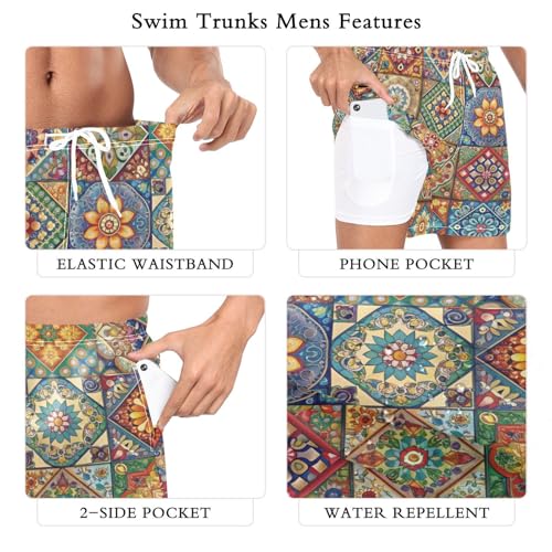 Men's Swim Trunks Indian Texture Pattern, Quick Dry Beach Board Shorts with Liner, Swimwear Bathing Suits S3