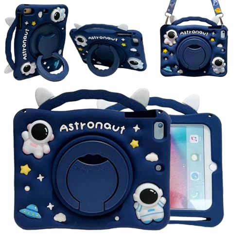 3D Cute Press Astronaut Case for Samsung Galaxy Tab A 10.1 inch 2019 SM-T510/T515(Not for Other 10.1 inch Tablet),Kawaii Cartoon Space Soft Silicone Rotating Stand Case with Lanyard for Kids Teens